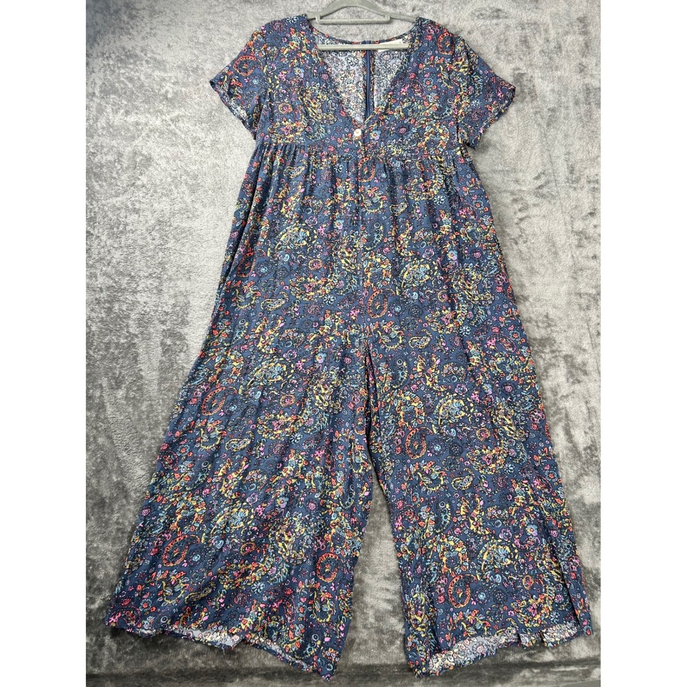 Natural Life Navy Paisley Floral Wide Leg Jumpsuit Short Sleeve V-Neck Medium